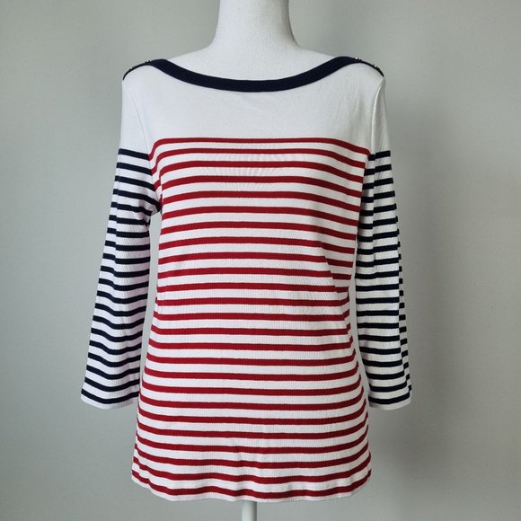 NWOT - Ralph Lauren Boat Neck 3/4 Sleeve Stripe Top Size L - Picture 2 of 11